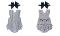 RuffleButts Baby Girl Navy Stripe Romper and Bow Headband Set